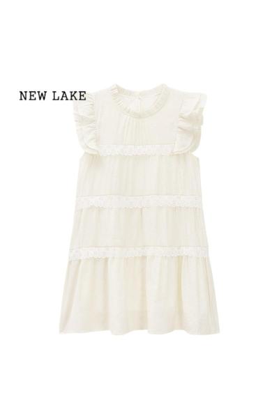 NEW LAKE温柔风蕾丝花边飞飞袖连衣裙女夏季新款甜美洋气设计感拼接短裙子