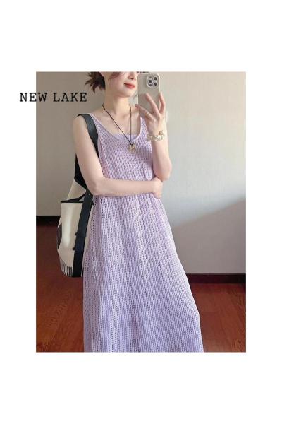 NEW LAKE韩系慵懒风紫色长款镂空罩衫女夏季外搭无袖背心海边针织连衣裙子