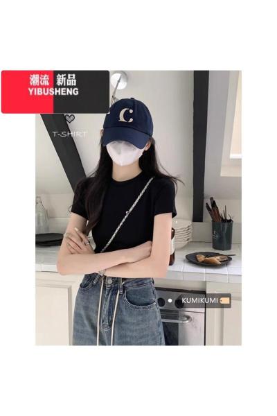 YIBUSHENG黑色正肩圆领t恤女简约基础款上衣季修身美式辣妹短款chic短袖