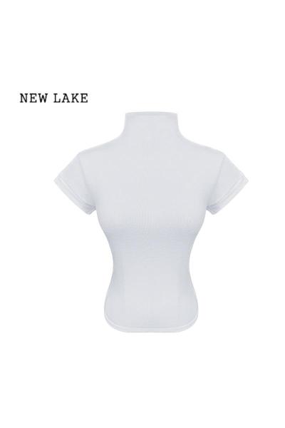 NEW LAKE磨毛T恤女装半高领紧身短袖内搭打底衫春季ins潮加厚洋气短款上衣
