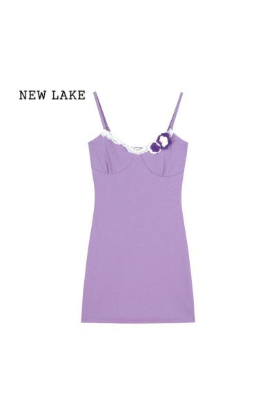 NEW LAKE紫色花朵蕾丝花边吊带连衣裙女夏季性感纯欲裙子紧身收腰包臀短裙