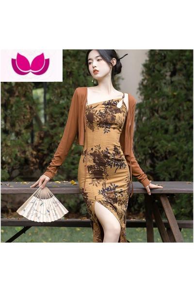 七斓吊带旗袍套装女2023年复古套开叉一步裙新中式连衣裙小众设计