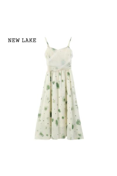 NEW LAKE[返场9折]薄荷绿吊带连衣裙外搭开衫两件套仙女碎花裙女夏