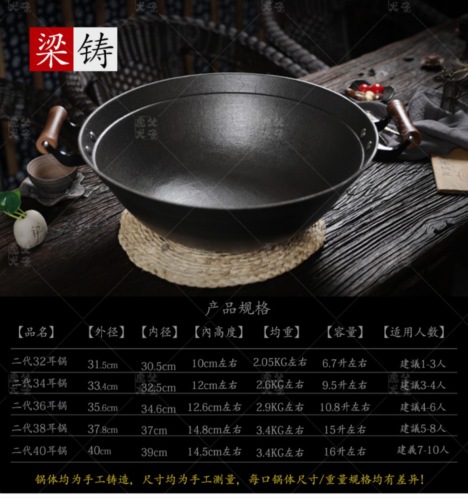 滕州铁锅双耳铸铁锅老式手工炒菜锅家用圆底炒锅无涂层加厚生铁锅