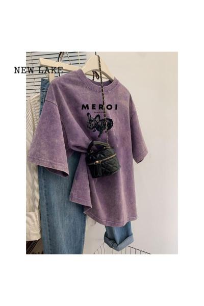 NEW LAKE紫色短袖t恤女装2024年夏季新款设计感小众宽松半袖显瘦体恤上衣