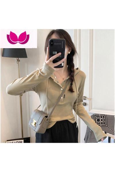 七斓连帽长袖t恤女2023春装新款韩版修身显瘦短款上衣打底衫ins潮卫衣