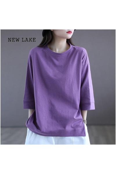 NEW LAKE2024新款女装纯棉紫色短袖5分袖t恤时尚休闲上衣宽松打底衫女圆领
