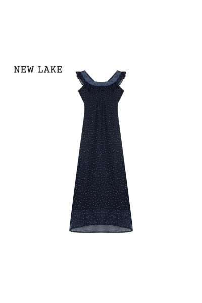NEW LAKE法式复古小飞袖连衣裙女夏季2024新款收腰波点荷叶边性感露背长裙