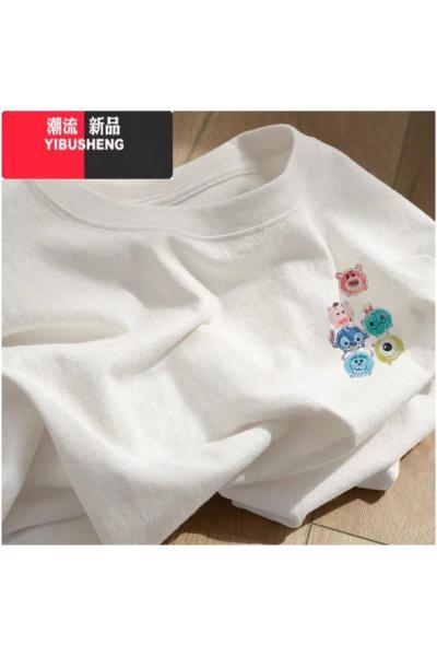 YIBUSHENG卡通印花短袖t恤女2024年新款季宽松大码白色圆领上衣