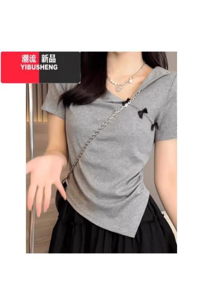 YIBUSHENG不规则翻领正肩短袖T恤女2024季大码胖mm显瘦小众收腰甜辣上衣