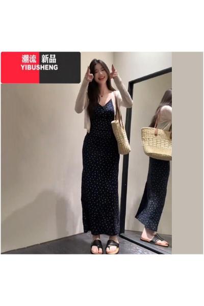 YIBUSHENG茶歇法式碎花吊带连衣裙子女季2024新款收腰显瘦长裙小众设计感