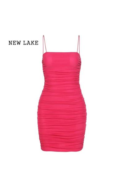 NEW LAKE欧美ins新品夏季细带吊带性感短款修身百搭玫红色连衣裙夏