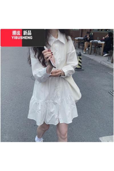 YIBUSHENG2023秋装新款小个子法式白色连衣裙子女设计感小众长袖A字衬衫裙