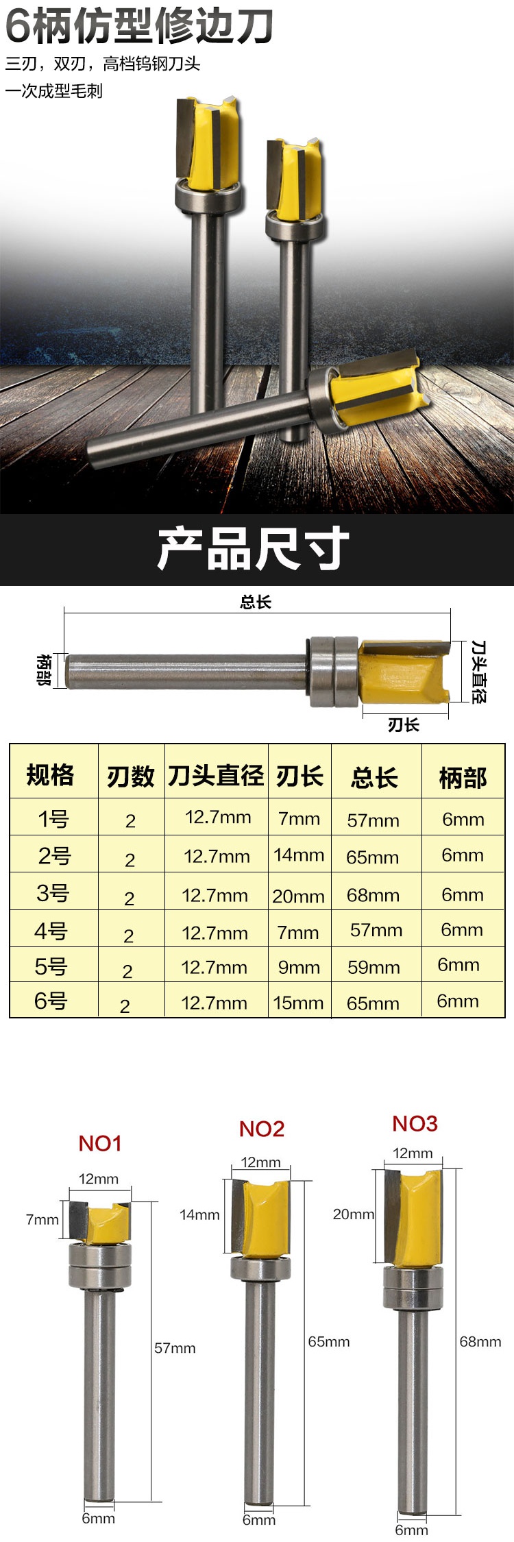 定制6柄木工修边刀修边机刀头带轴承仿型修边刀木工铣刀锣机开