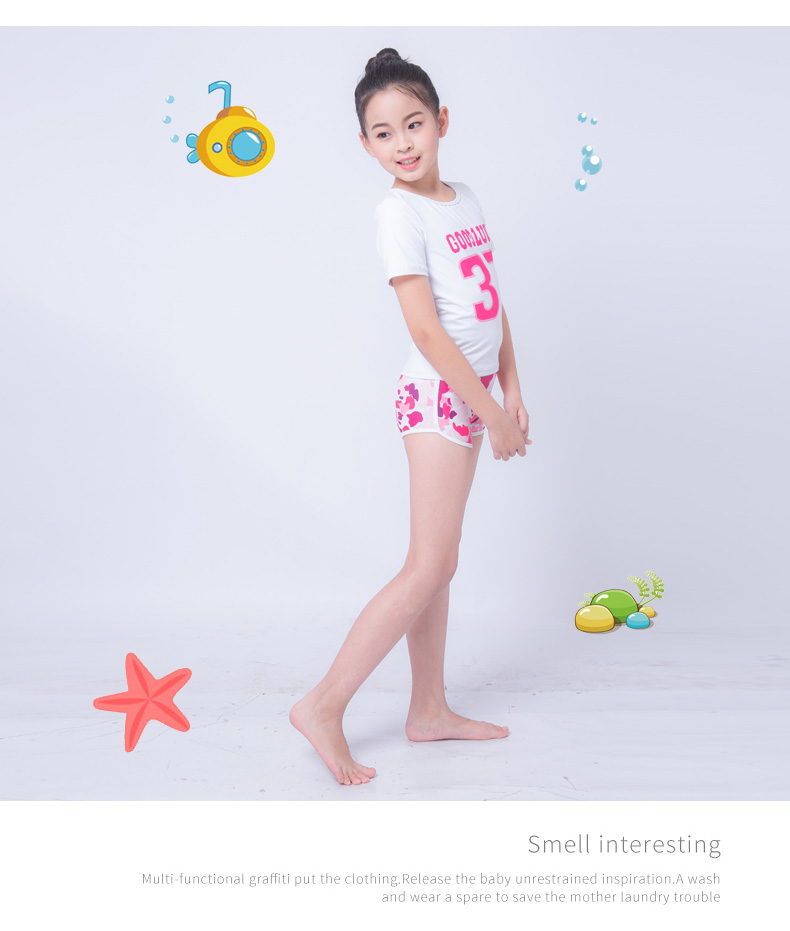 三奇儿童泳衣女孩分体平角裤女童中大童短袖泳裤二件套装新款韩国沙滩