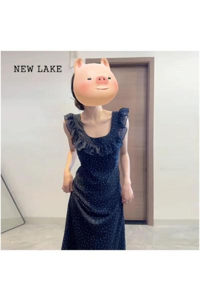 NEW LAKE荷叶边小飞袖波点连衣裙子女夏季2024年新款法式方领露背吊带长裙