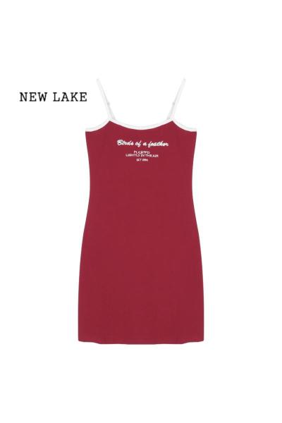 NEW LAKE针织吊带连衣裙女夏季红色辣妹美式运动短裙紧身显瘦性感包臀裙子