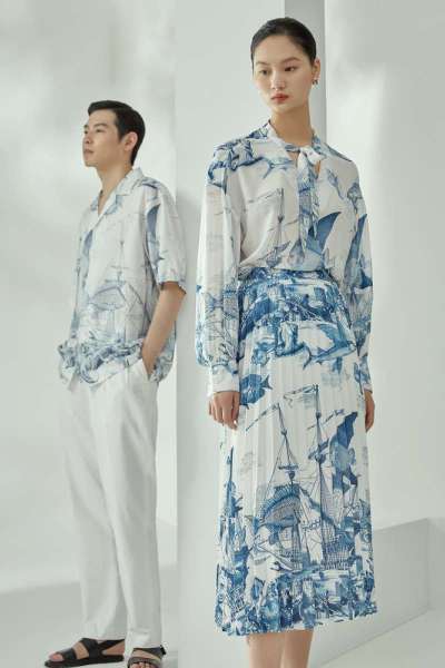 [1件5折价:170]MECITY女装2021夏季新款优雅蓝白地图设计印花长款百褶裙半裙女