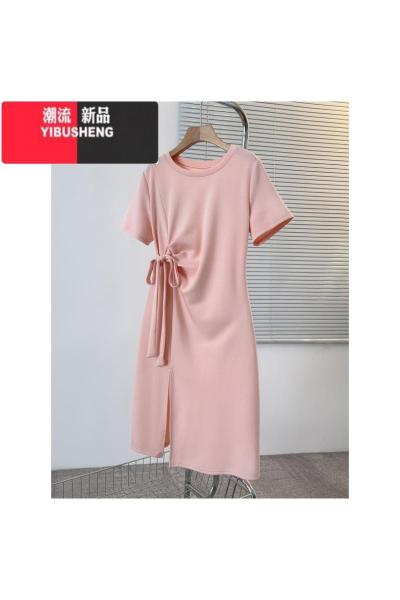 YIBUSHENG圆领设计感系带收腰连衣裙女季大码胖mm新款韩系时尚显瘦T恤裙
