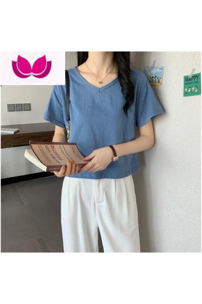 七斓2023夏季新款纯色v领短款短袖T恤女春装高腰小众设计感v领上衣女