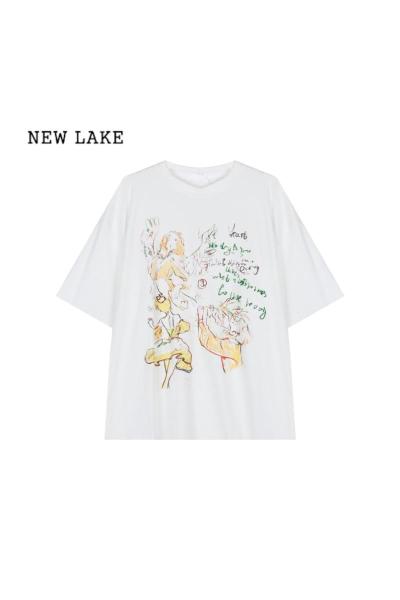 NEW LAKE慵懒风个性字母印花短袖白色T恤女夏季宽松中长款打底衫休闲上衣