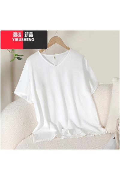 YIBUSHENG白色宽松女装季上衣短袖V领大码中长绵绸简约纯色T恤打底衫
