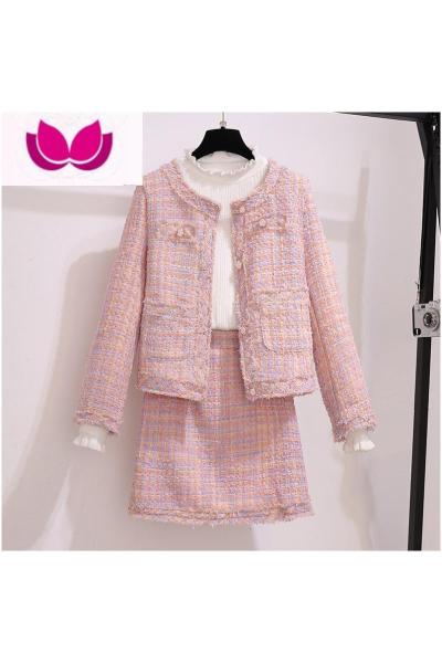 七斓粉色小香风套装女早春季2023新款网红高级感名媛套裙