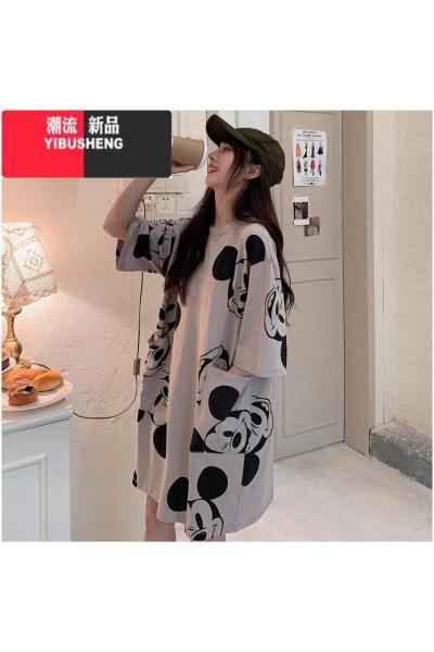 YIBUSHENG连衣裙米奇短袖t恤女裙子2020韩版宽松ins潮学生港味原宿风上衣服