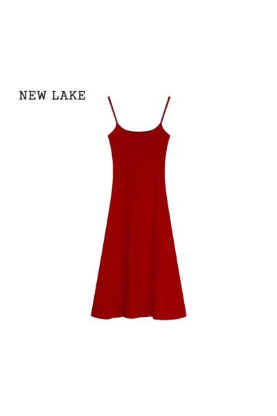 NEW LAKE红色连衣裙辣妹吊带裙女夏季小个子修身气质收腰灰色A字裙子长裙
