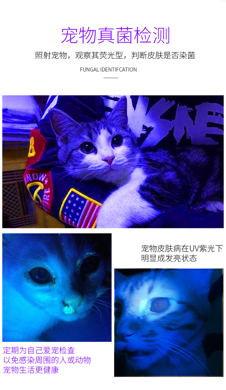 伍德氏灯猫藓宠物真菌检测灯365nm猫癣紫外线灯照猫藓紫光手电筒 【高