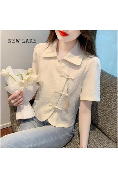 NEW LAKE新中式国风盘扣短袖polo领雪纺衬衫女夏季设计感小众短款百搭上衣