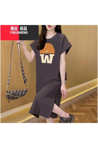 YIBUSHENG短袖连衣裙女季大码宽松中长款过膝t恤裙百搭休闲开叉长裙