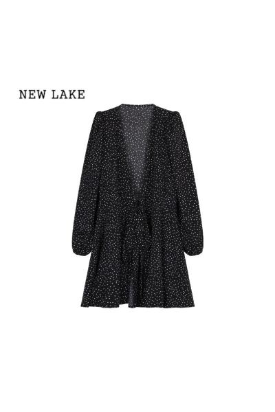 NEW LAKE黑色波点裙连衣裙女装春季法式复古温柔海边度假风茶歇气质短裙子