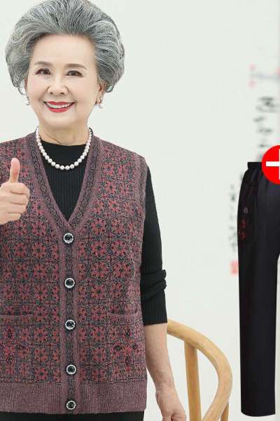 迪鲁奥(DILUAO)奶奶装春秋装马夹外套中老年女装宽松无袖马甲上衣60岁70-80老太太妈妈装V领针织衫外衣