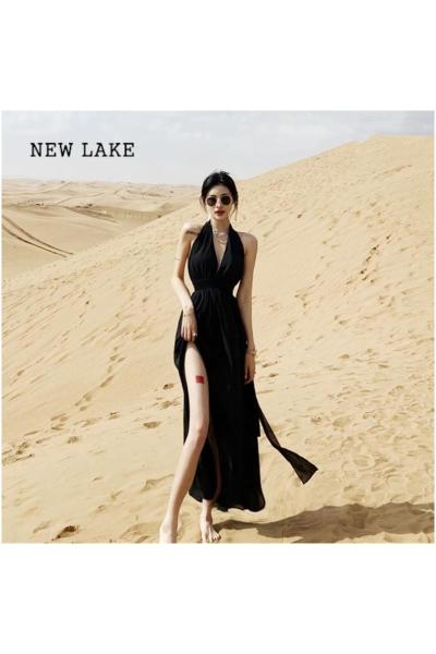 NEW LAKE沙漠度假裙拍照好看的黑色旅游裙子海边连衣裙夏季沙滩裙女仙