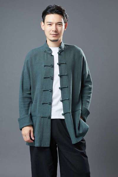 秋季苎麻对襟衬衫中国风汉服外套男青年立领盘扣粗麻上衣