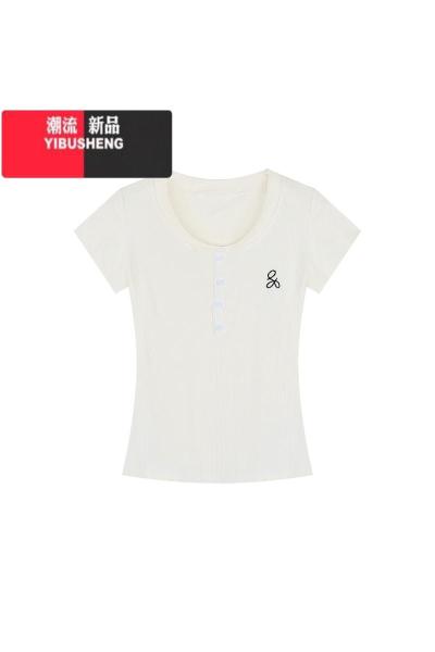YIBUSHENG设计感小众刺绣正肩短袖T恤女装季新款小个子修身显瘦百搭上衣