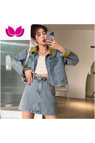 七斓美式复古牛仔套装裙子春季2023年新款休闲气质港风套女装