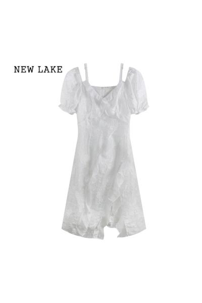 NEW LAKE法式不规则荷叶边连衣裙女夏季小个子收腰显瘦初女茶歇长裙子