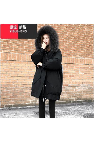 YIBUSHENG黑色羽绒服女装2023年新款冬季中长款宽松显瘦大码加厚外套