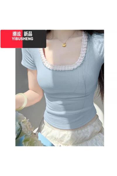 YIBUSHENG纯欲蕾丝短袖t恤女2024新款甜辣芭蕾方领短款紧身正肩法式上衣