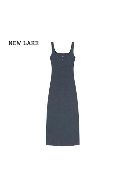 NEW LAKE灰色吊带裙辣妹长裙修身连衣裙女夏季气质收腰显瘦包臀裙背心裙子