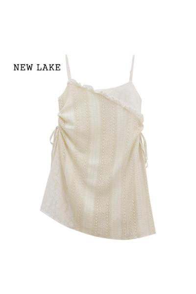 NEW LAKE仙蕾丝镂空吊带连衣裙女春季2024新款宽松显瘦叠穿系带气质短裙