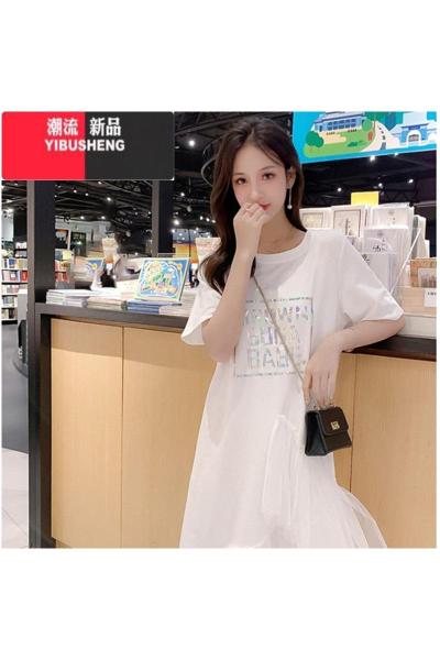 YIBUSHENG设计感小众t恤连衣裙女季大码显瘦遮肚子中长款网纱a字裙子