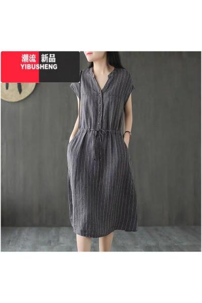 YIBUSHENG日系轻奢收腰系带亚麻衬衫连衣裙女条纹棉麻气质显瘦短袖工装裙子
