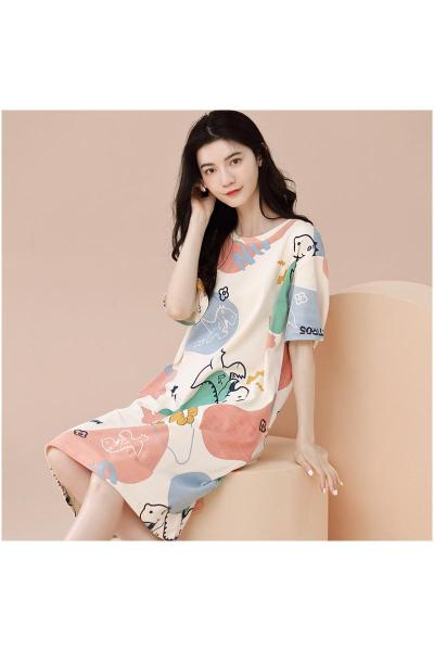 浪莎睡裙女士夏季纯棉短袖夏天卡通可外穿全棉中裙睡衣家居服