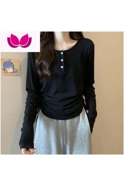 七斓大码女装设计感小众黑色正肩t恤长袖女早春胖mm遮肉显瘦短款上衣