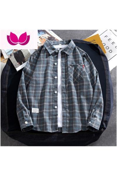 七斓港风日系衬衫男长袖春季薄款潮牌格子衬衣潮流痞帅气夏装外套