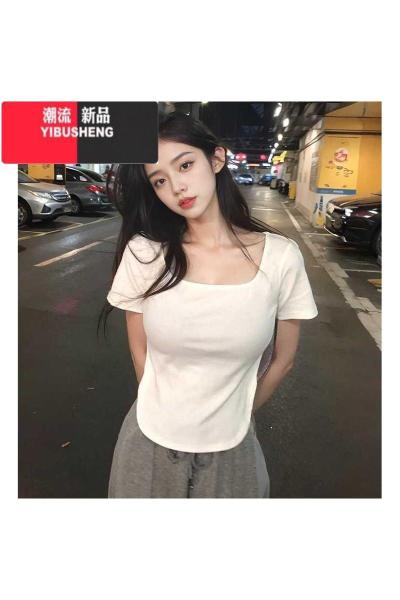 YIBUSHENG方领黑色正肩短袖t恤女2024新款季大码胖mm巨显瘦辣妹短款上衣