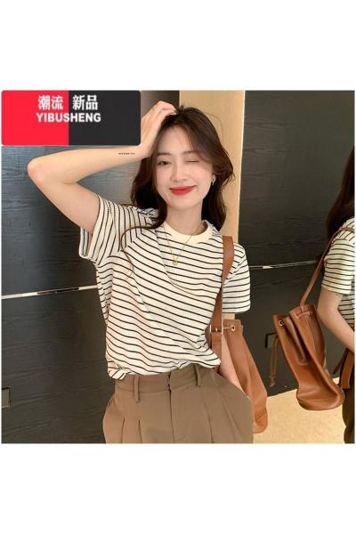 YIBUSHENG条纹T恤女04新款簿款宽松圆领打底衫休闲包肩短袖冰丝上衣